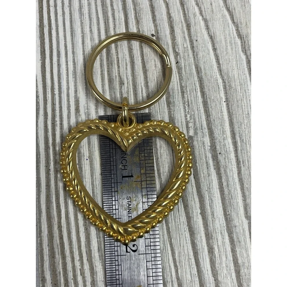 Vintage Heart Keychain Set 3pc Gold Silver Tone Rope Ribbed Open Heart Charms